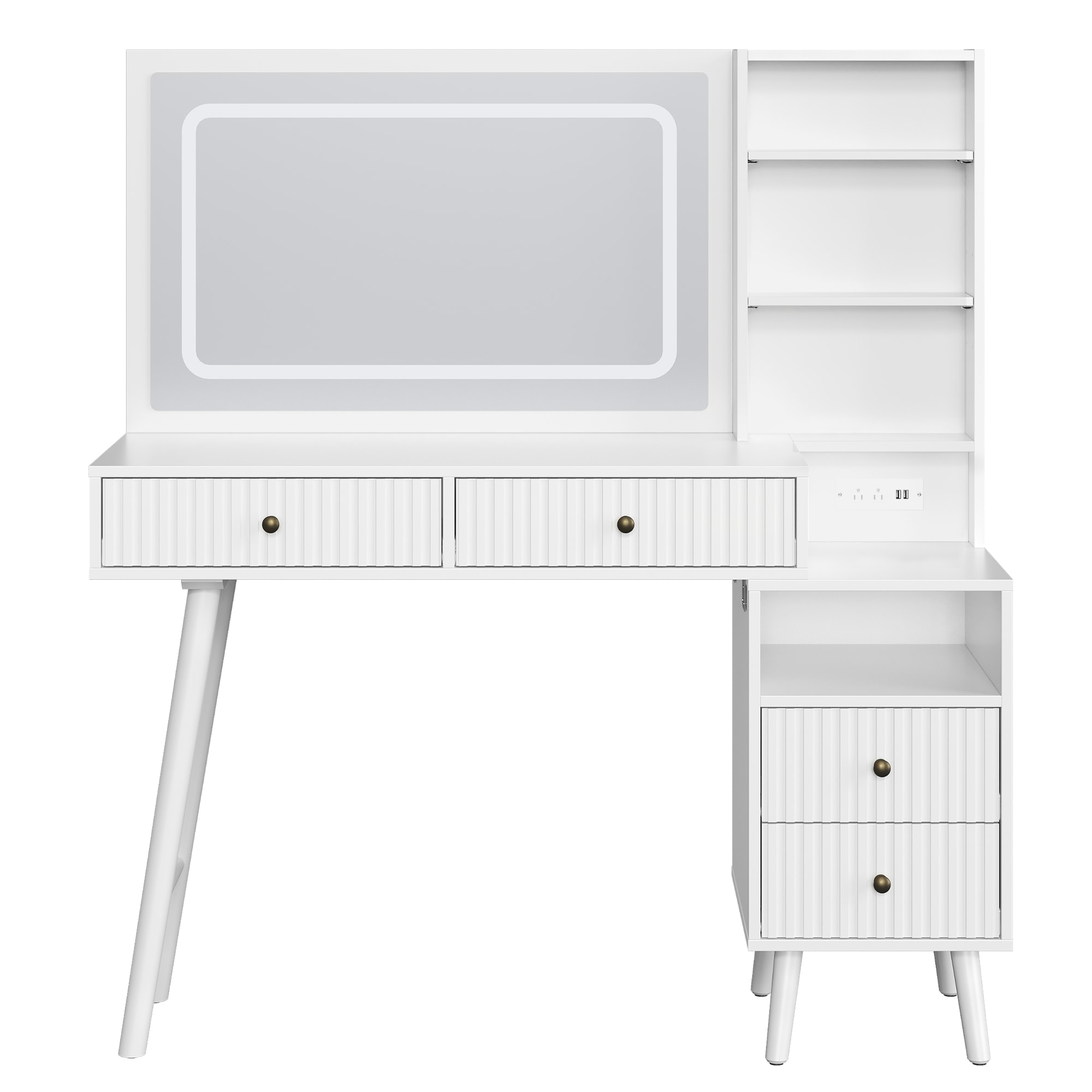 Fluted Vanity Desk With LED Lighted Mirror, Makeup Table With Drawers, 3 Lighting Colors Touch Control, For Bedroom, White_voghion.com